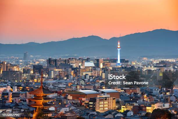 Kyoto Japan Skyline At Dusk Stock Photo - Download Image Now - Kyoto City, Kyoto Prefecture, Urban Skyline