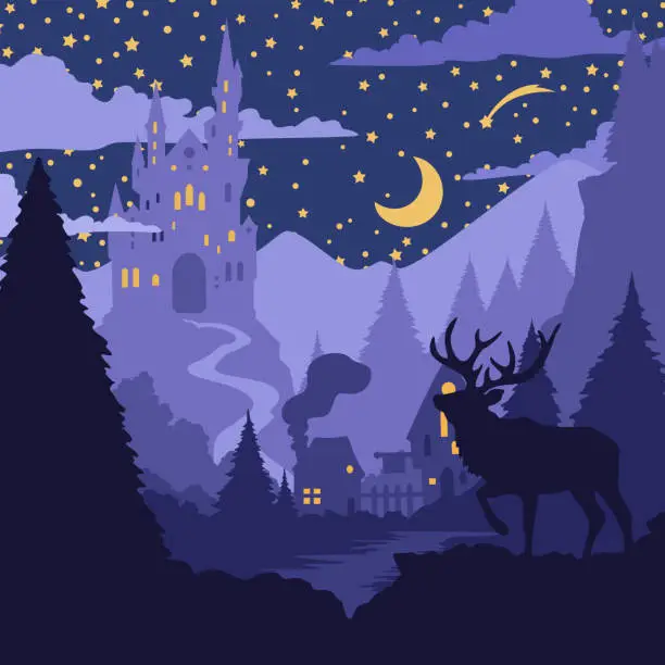 Vector illustration of Nordic vector flat landscape with a deer and a castle