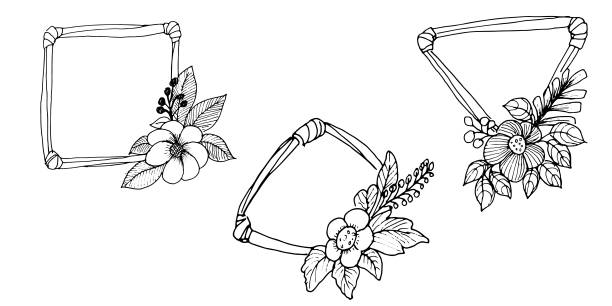 Collection of geometric vector floral frames. Round, oval, triangle, square Borders decorated with hand drawn delicate flowers, branches, leaves, blossom. illustration