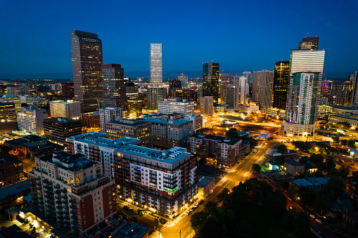 City lights at night Twilight Cityscape Drone Views over Denver , Colorado , USA