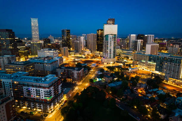 istock Drone Views above Blue Hour Denver Colorado Cityscape 1355857369