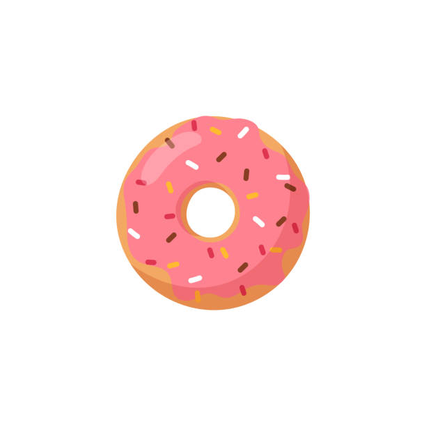 сладкий розовый пончик в плоской векторной иллюстрации, изолированный на белом фоне - donut shape stock illustrations