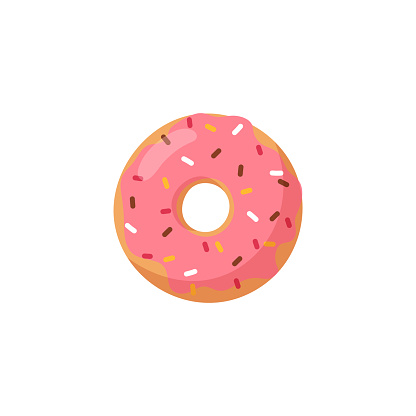 Sweet pink donut in flat vector illustration isolated on white background. Glossy glazed cartoon doughnut with decoration. Round tasty cake with hole, delicious baked food