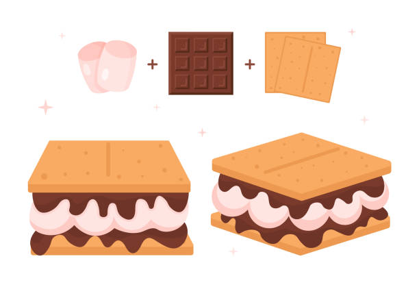 Set of sweet sandwiches Set of sweet sandwiches. Marshmallow with chocolate and biscuits. Sweets recipe, graphic elements for website, bakery, grocery shop. Cartoon flat vector illustrations isolated on white background marshmallow chocolate stock illustrations