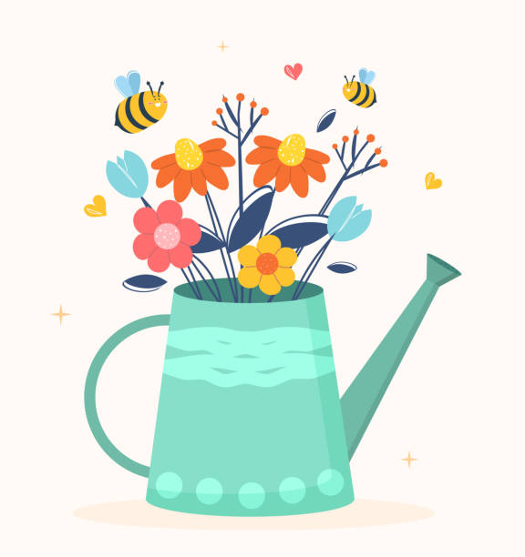 Spring flowers concept Spring flowers concept. Bee flies over plants that in watering can. Spring, nature, flora, foliage, greenery. Pictures for kids, poster for printing on clothes. Cartoon flat vector illustration bee water stock illustrations