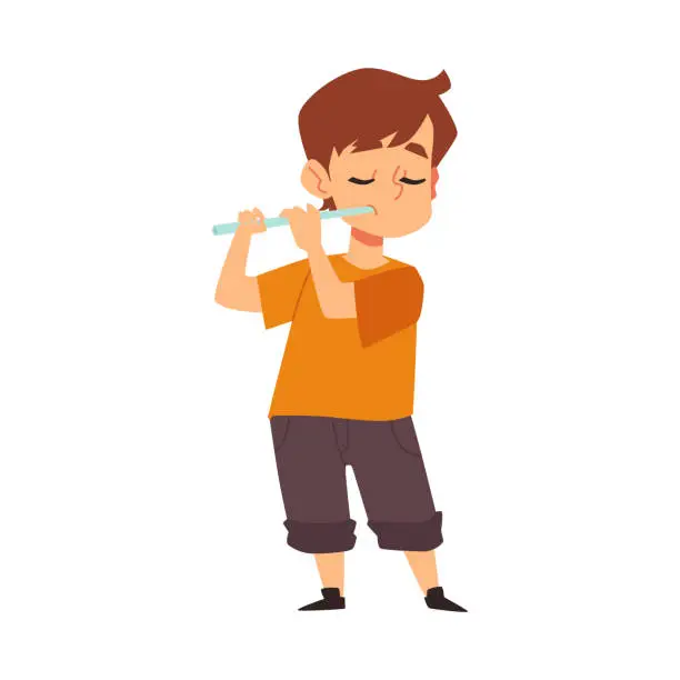 Vector illustration of Little boy stands playing flute flat cartoon vector illustration isolated.