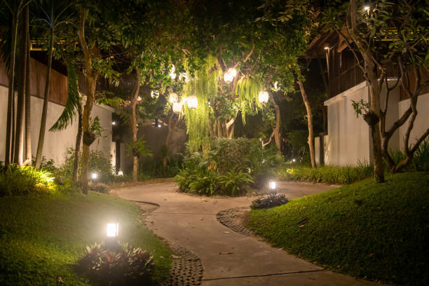 istock footpath alley with many lights at night park 1355859195