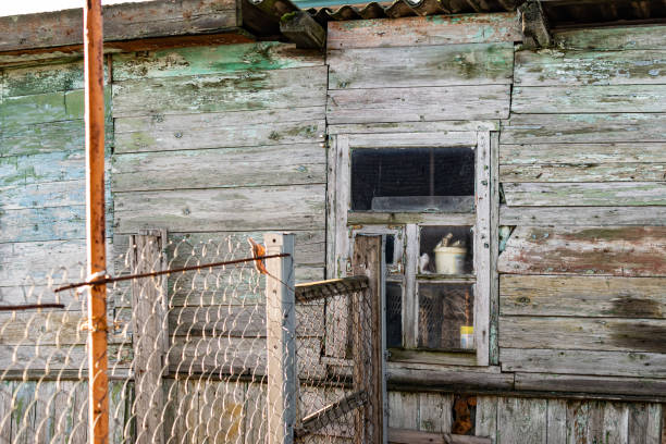 istock Old wooden windows and doors covered with paint with traces of time, peeling surface, irregularities in the structure 1355863166