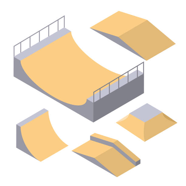 skatepark elemente vektor holz isometrischen platz. skateboard rampe freestyle bmx skate arena - skateboard court stock-grafiken, -clipart, -cartoons und -symbole