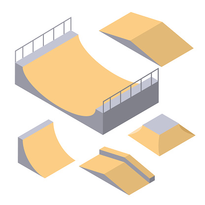 Skatepark elements vector wooden isometric court. Skateboard ramp freestyle bmx skate arena.