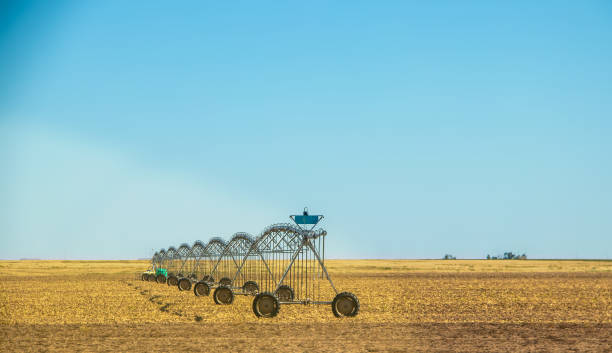 Irrigation system on wheels sitting in flat brown agricultural field under clear blue sky