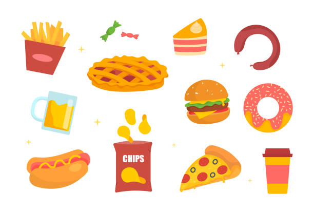 set von junk food - hamburger schnellgericht stock-grafiken, -clipart, -cartoons und -symbole