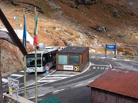Livigno, Italy - September 29, 2021: Italian border at Livigno- a town and a special-administered territory in the region of Lombardy in the Italian Alps, near the Swiss border.