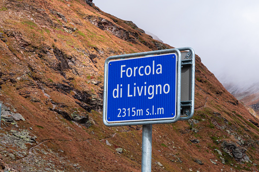 Forcola di Livigno, Switzerland - September 29, 2021: The Forcola di Livigno is a mountain pass between the Swiss canton of Graubunden and Italy. It is located between the Poschiavo and Livigno