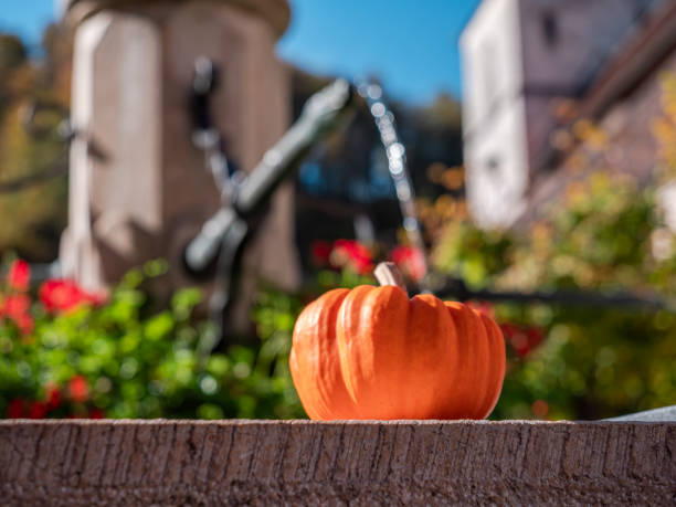 pumpkin on a fountain - well fountain water pipe pipe imagens e fotografias de stock