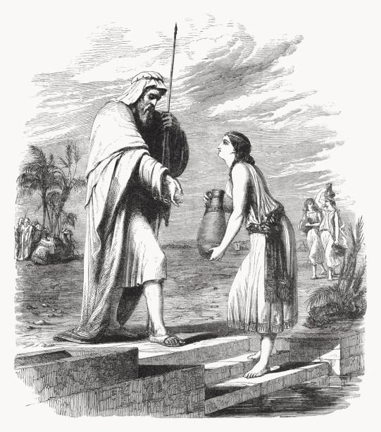 Rebecca and Eliezer at the Well, wood engraving, published 1862 Rebecca and Eliezer at the Well (Genesis 24). Wood engraving, published in 1862. old water well drawing stock illustrations
