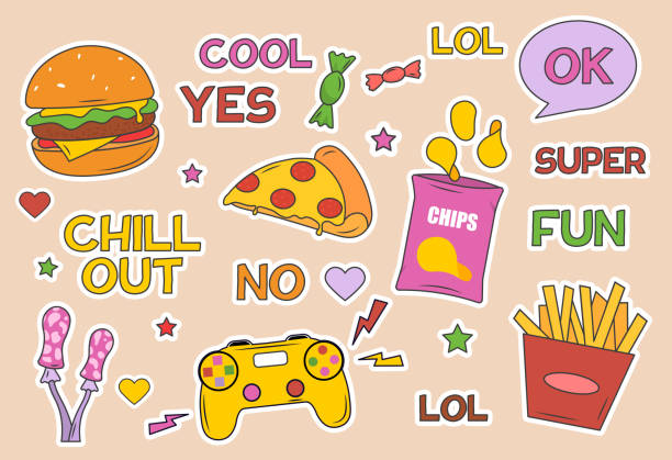 Set of funny stickers Set of funny stickers. Badges for children, pictures for social networks. Collection of fast food icons. Burger, pizza, fries, gamepad. Cartoon flat vector illustrations isolated on beige background cool graffiti characters stock illustrations