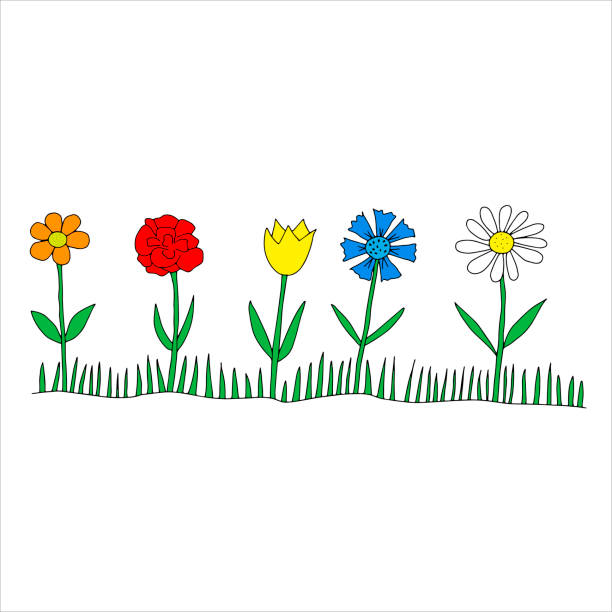 istock Black Vector illustration of a group of five colored different flowers with leaves and grass isolated on a white background 1355872784