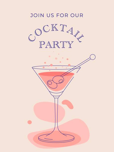 illustrazioni stock, clip art, cartoni animati e icone di tendenza di invito alla festa - cocktail martini olive vodka