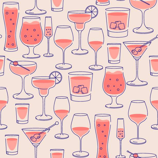 alcohol pattern Seamless vector pattern with different glasses goblets and wineglasses. Illustration isolated line art silhouette design. cocktail stock illustrations