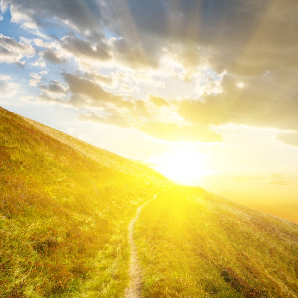 istock green mount slope in mist at the sunset 1355873877