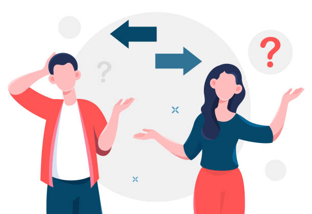 Concept of doubt Concept of doubt. Man and girl looking for answers to questions. Character rubs his head with his hands. Internal deadlock, thought processes, difficulties, problems. Cartoon flat vector illustration conflict stock illustrations