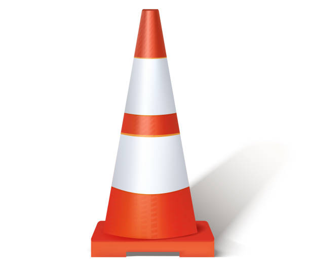 istock Restrictive cone striped white and red road. Road block with signal lamp. Barricade safety barrier construction. 1355875549