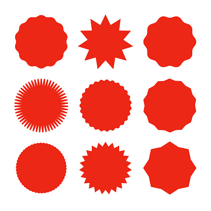 Starburst promo red sticker shape vector sale splash. Starburst round badge promo sticker.