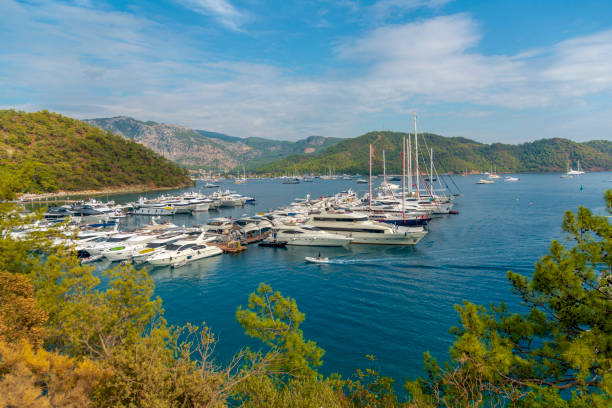 Beautiful view of Gocek (Göcek ) bays with yachts and boats, Fethiye, Turkey Beautiful view of Gocek (Göcek ) bays with yachts and boats, Fethiye, Turkey sound port stock pictures, royalty-free photos & images