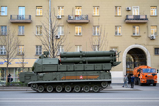 Moscow / Russia - April 29, 2021.

Firing tracked machine of 