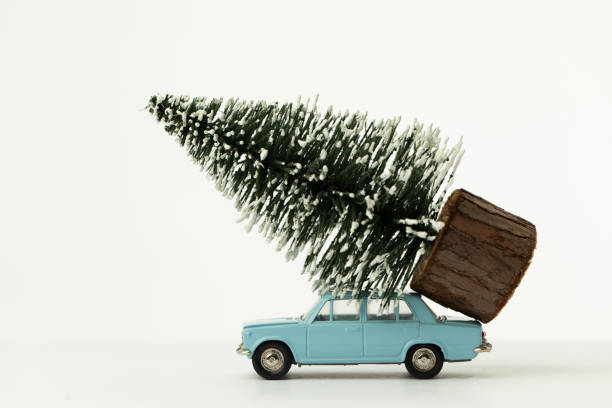 istock New year and Christmas concept, small Christmas tree on a small toy car 1355878367