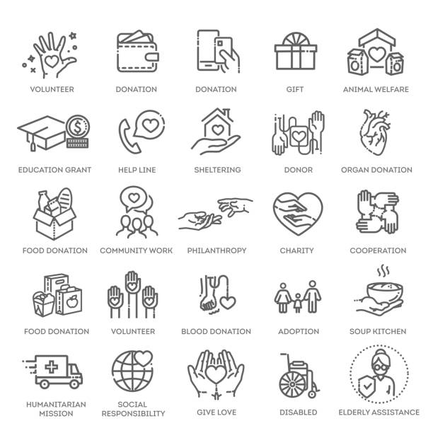 ilustrações de stock, clip art, desenhos animados e ícones de set of charity line icons. simple pictograms pack - voluntariado