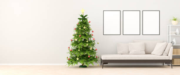 istock Chaiselongue style sofa in an apartment with a christmas tree, a shelf and empty mockup picture frames on the wall. 3d render. Web banner format 1355887932
