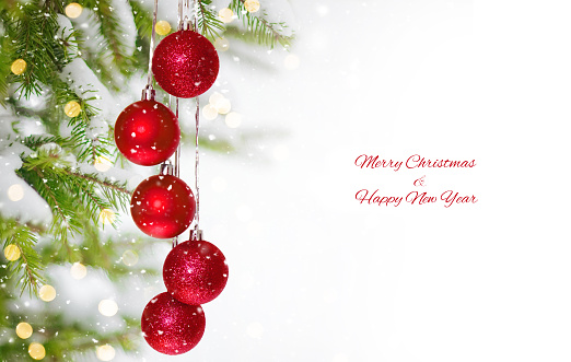 Merry Christmas and Happy New Year. Frame of hristmas tree with red baubles on white background. Beautiful Christmas Background Template with copy space for design flyer, greeting card, billboard