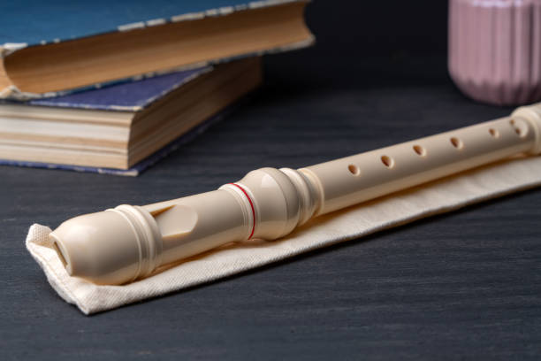 istock Plastic block flute lies on a cloth bag on a black wooden surface 1355889771
