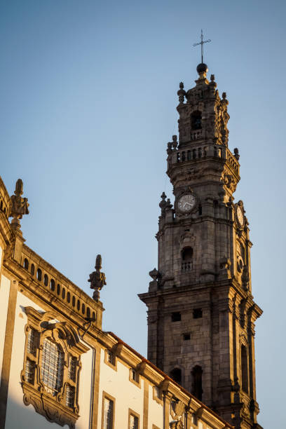 Sunset over the tower of the Clerigos Church in the center of Porto stock photo