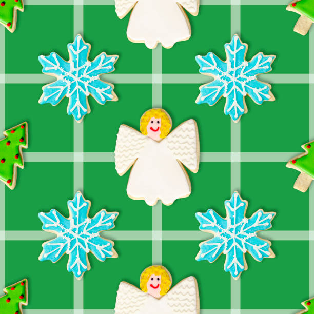 istock Christmas Tree, Blue Snowflake and Angel: Christmas Cookie Repeating Pattern Background Wallpaper 1355894141
