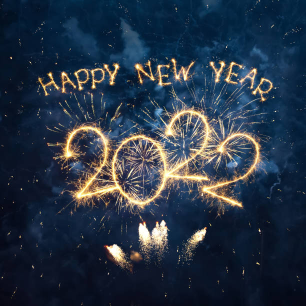 Happy New Year 2022 Happy New Year 2022. Beautiful Square creative holiday web banner or greeting card with sparkling text Happy New Year 2022 on night blue sky background 2022 photos stock pictures, royalty-free photos & images