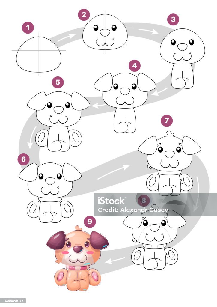 Drawing Cartoon Character Domestic Dog Step By Step Tutorial Stock  Illustration - Download Image Now - iStock
