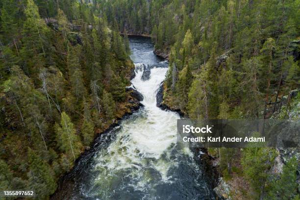 Aerial Of Jyrävä Waterfall As One Of The Largest In Finland Stock Photo - Download Image Now