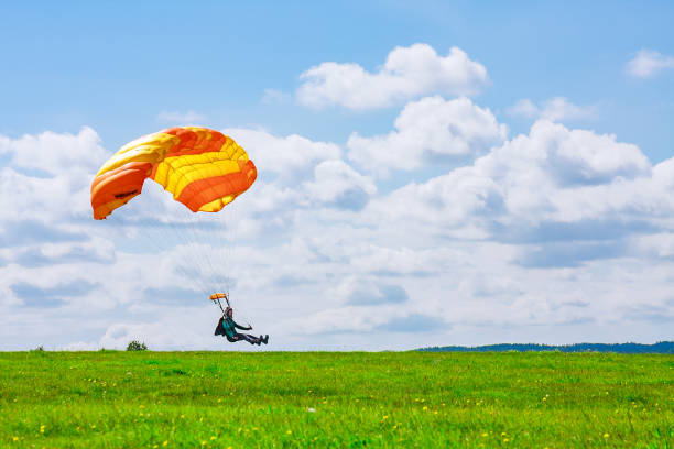 aterrissagem de um paraquedista em um campo gramado. paraquedismo. - airplane sky extreme sports men - fotografias e filmes do acervo