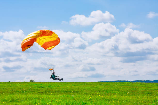 посадка парашютиста на травянистое поле. прыжки с парашютом. - airplane sky extreme sports men стоковые фото и изображения