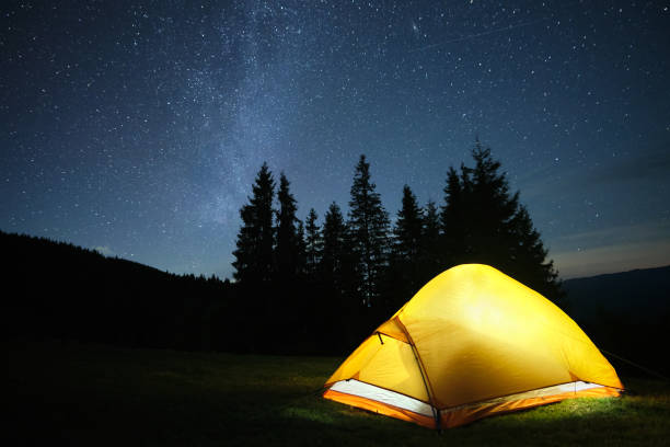 istock Brightly illuminated camping tent glowing on campsite in dark mountains under night stars covered sky. Active lifestyle and traveling concept. 1355900021