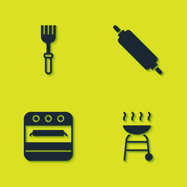 ilustraciones, imágenes clip art, dibujos animados e iconos de stock de set fork, barbacoa grill, horno y rodillo icono. vector - rolling fork