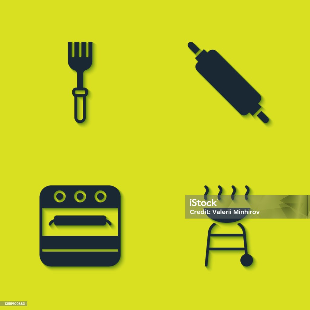 Set Fork, Barbecue grill, Oven and Rolling pin icon. Vector - 免版稅一個物體圖庫向量圖形