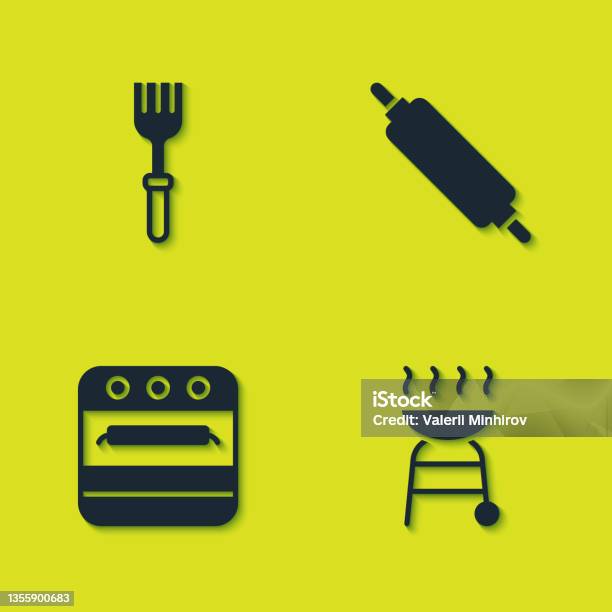 Set Fork Barbecue Grill Oven And Rolling Pin Icon Vector向量圖形及更多一個物體圖片