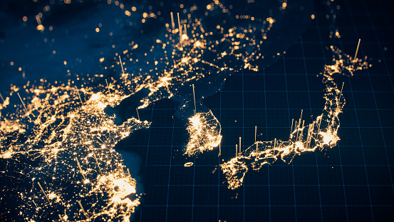Earth with city lights and communication lines view from space at night. 
World map texture credits to NASA.
https://visibleearth.nasa.gov/view.php?id=55167