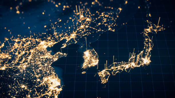 Earth with city lights and communication lines view from space at night. 
World map texture credits to NASA.
https://visibleearth.nasa.gov/view.php?id=55167
