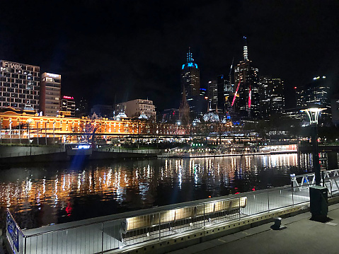 Cityscape of Melbourne's business district and Yarra River at night