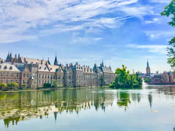 Dutch parliament building, Tweede Kamer reflection in the Hofvijver during summer